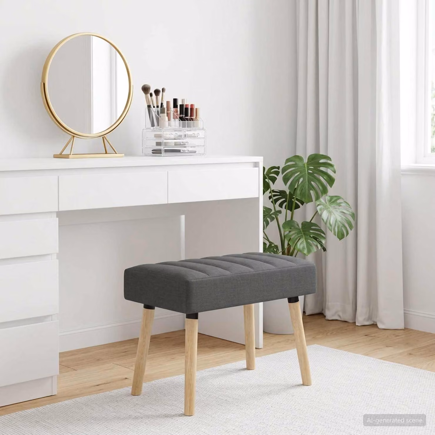 Panchina trapuntata a canale moderna vidaXL in tessuto grigio con struttura in legno di gomma L 60 x P 40 x H 45 cm