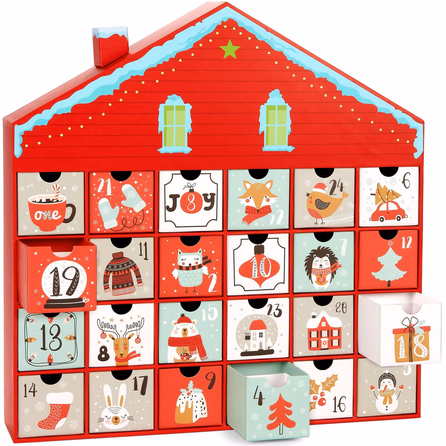 Calendario dell'Avvento a forma di casetta di Natale, 40,5 cm di altezza, 24 scomparti, realizzato in cartone, colore rosso