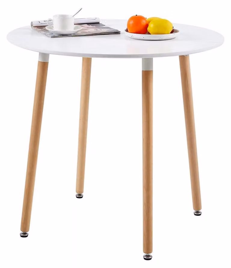 Tavolo rotondo, dimensioni 80 x 80 x 74 cm, bianco, struttura in MDF, gambe in legno di faggio