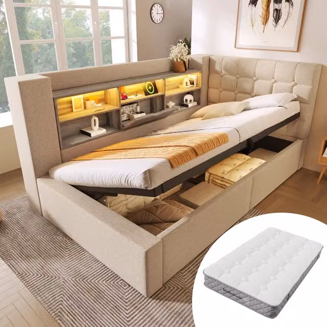 Letto imbottito idraulico con illuminazione a LED 90x200 cm colore beige lino