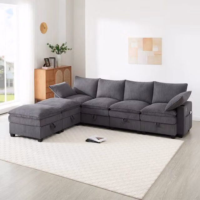Divano modulare 280x151x82 cm con porte USB; vani contenitore e portabicchieri in corduroy grigio