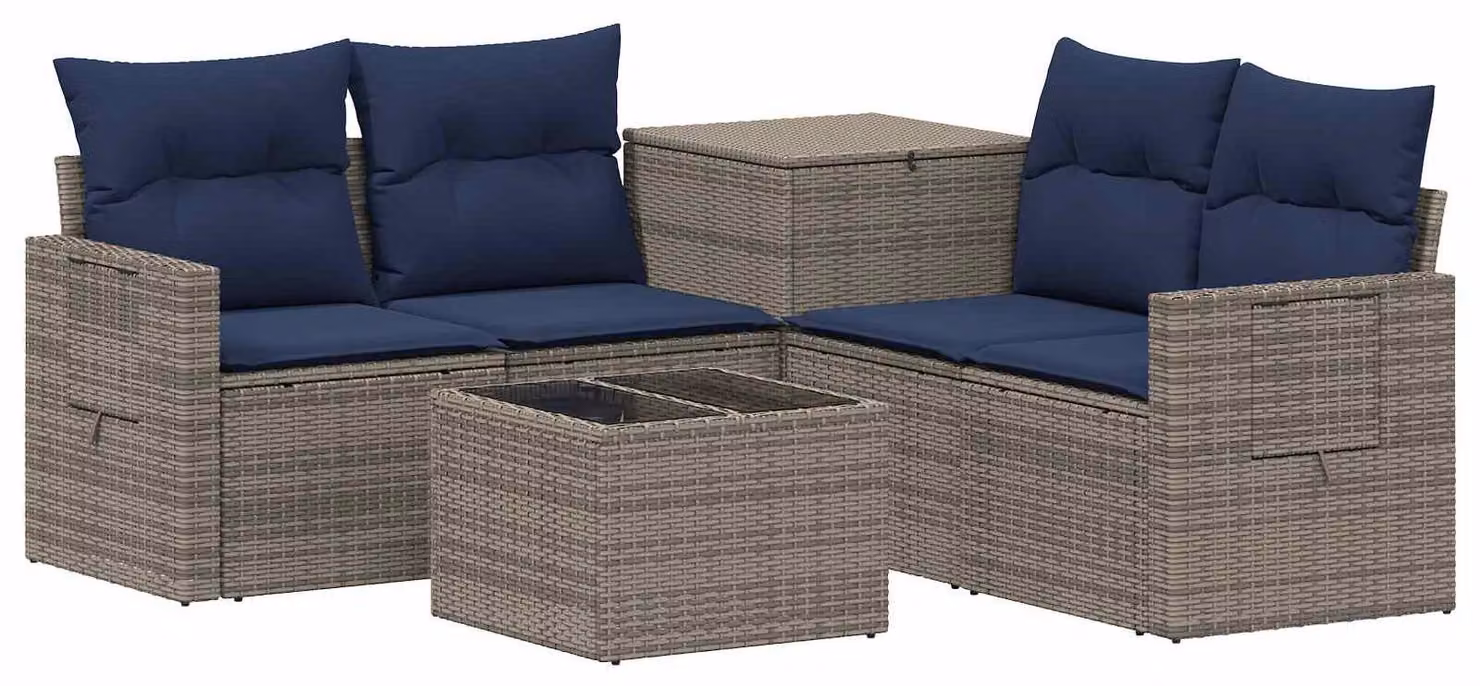 Set di divani da esterno, 6 pezzi, grigio e blu navy, in rattan sintetico e acciaio