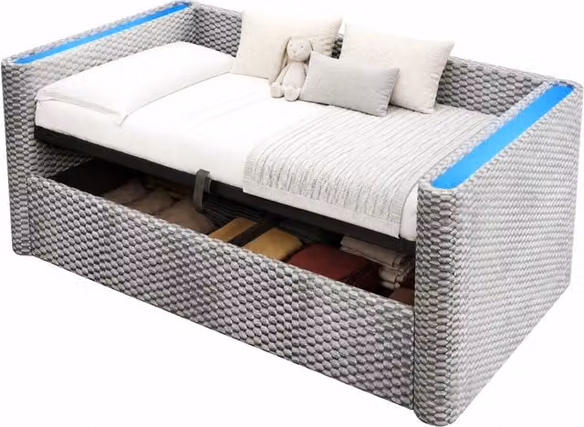 Divano letto 90x200 cm con contenitore idraulico， LED multicolore e rete a doghe inclusa， in velluto grigio per camera o cameretta， senza materasso