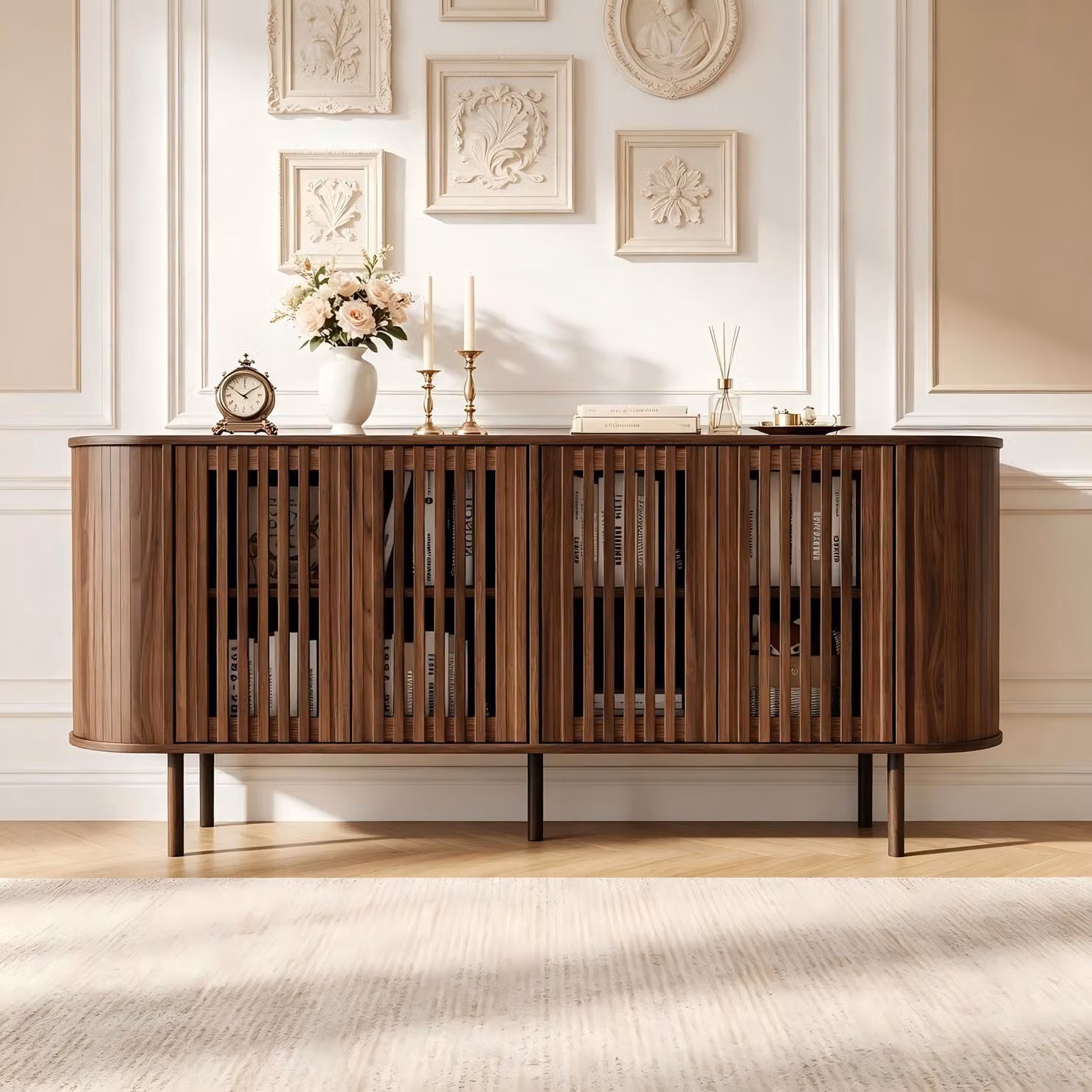 Mobile contenitore laterale Merax con 4 ante scorrevoli forate, armadio contenitore con ripiani interni regolabili, mobile buffet in MDF, gambe in metallo, finitura noce