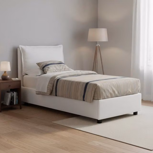 Letto singolo contenitore Talamo Italia con rivestimento in tessuto bianco, apertura frontale, adatto per materasso 80x190 cm – 1