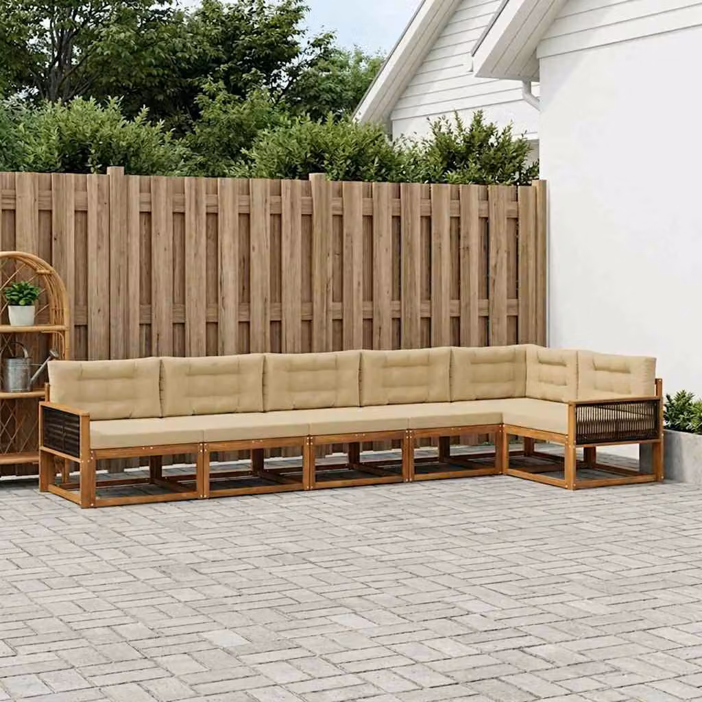 Set di divani da esterno vidaXL a forma di L composto da 6 pezzi in legno di acacia con cuscini beige e marrone