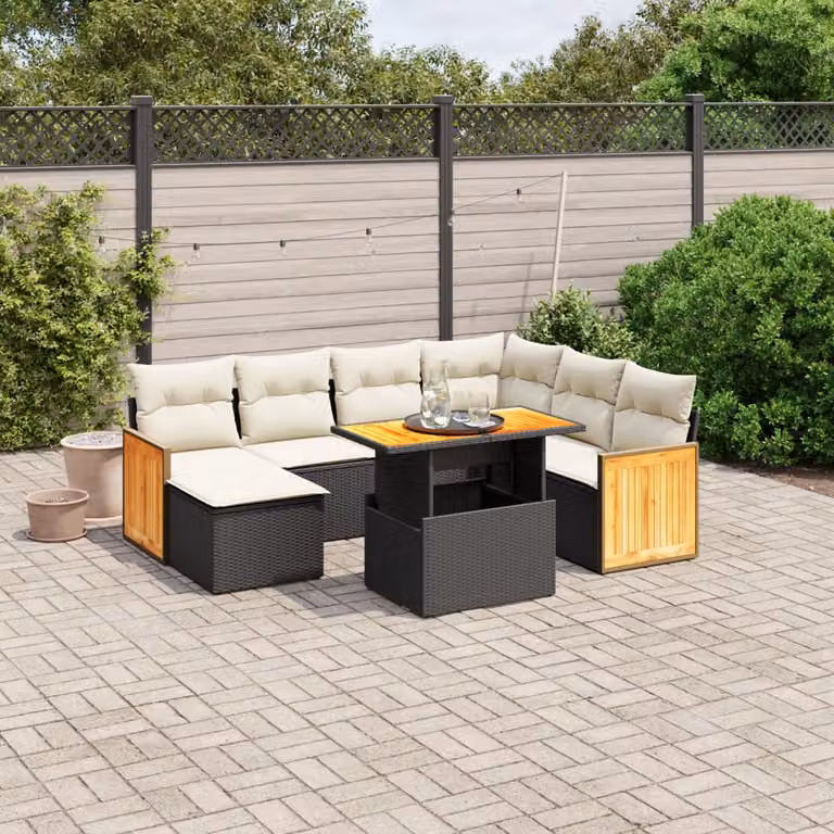 vidaXL Set Divani da Giardino con Cuscini 8 pz in Polyrattan e Legno di Acacia Oliato Nero e Bianco
