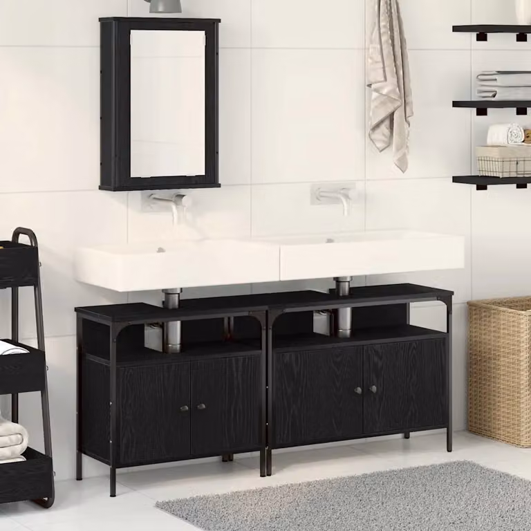 Set da bagno moderno vidaXL in 3 pezzi nero opaco con mobile lavabo e armadietto specchio in MDF L/P/H: 80 x 30 x 60 cm