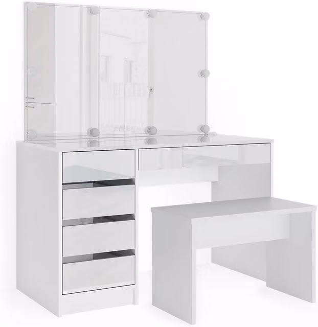 Tavolo da toeletta Sherry Bianco 120 cm con specchio, catena luminosa LED e panca Vicco
