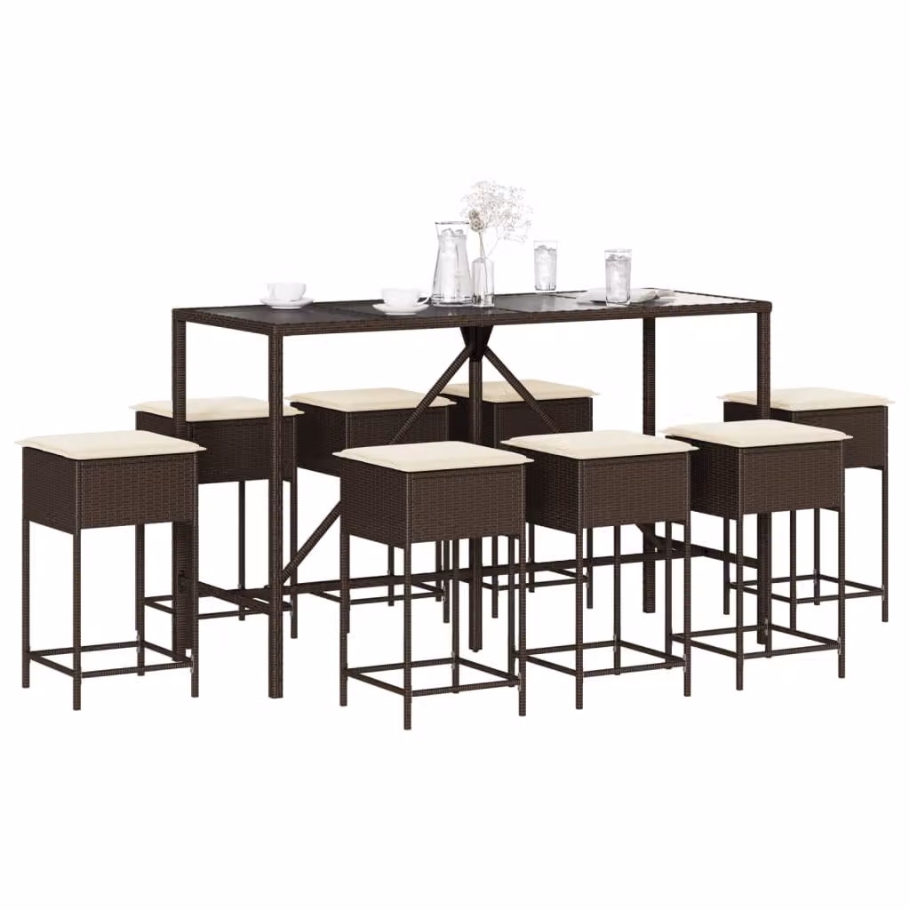 Set Bar da Giardino vidaXL in Polyrattan Marrone con 9 Pezzi e Cuscini