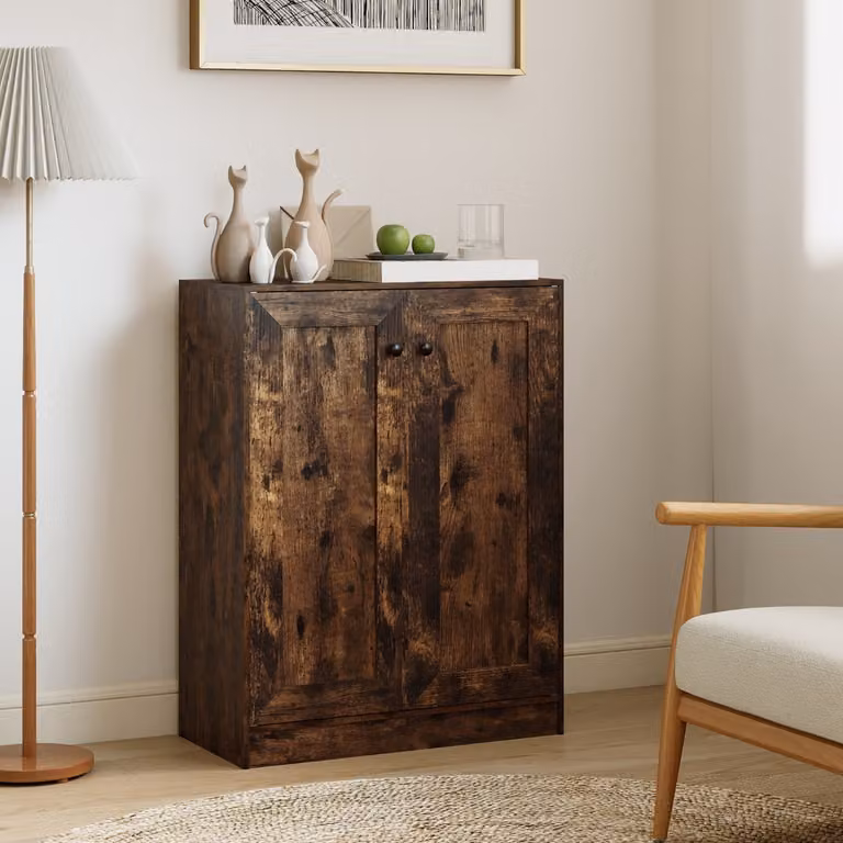 Mobiletto da bagno Costway in legno marrone con ante a battente e ripiani regolabili