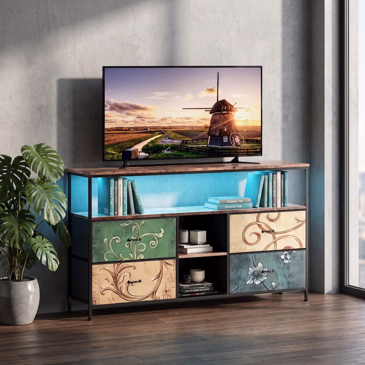 Comodino INONEFT con 4 cassetti in tessuto, cassettiera in struttura metallica, mobile contenitore con illuminazione a LED, cassettiera con motivo floreale vintage