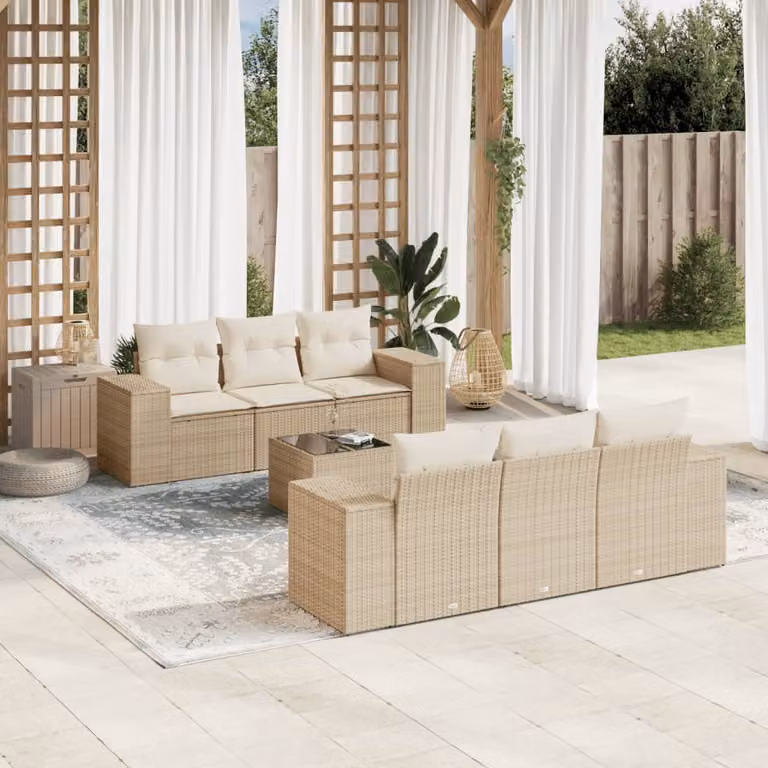 vidaXL Set Divani da Giardino 7 pz in Polyrattan con Cuscini Beige e Tavolino