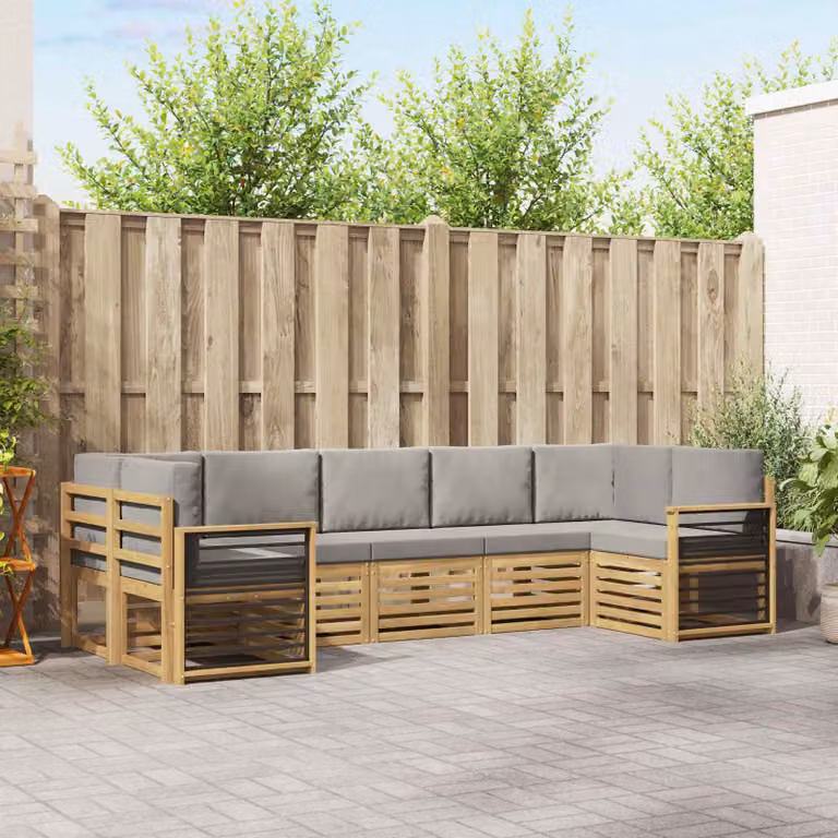 Set di divani da esterno vidaXL a forma di L composto da 7 pezzi in legno di acacia con cuscini in poliestere bianco e grigio