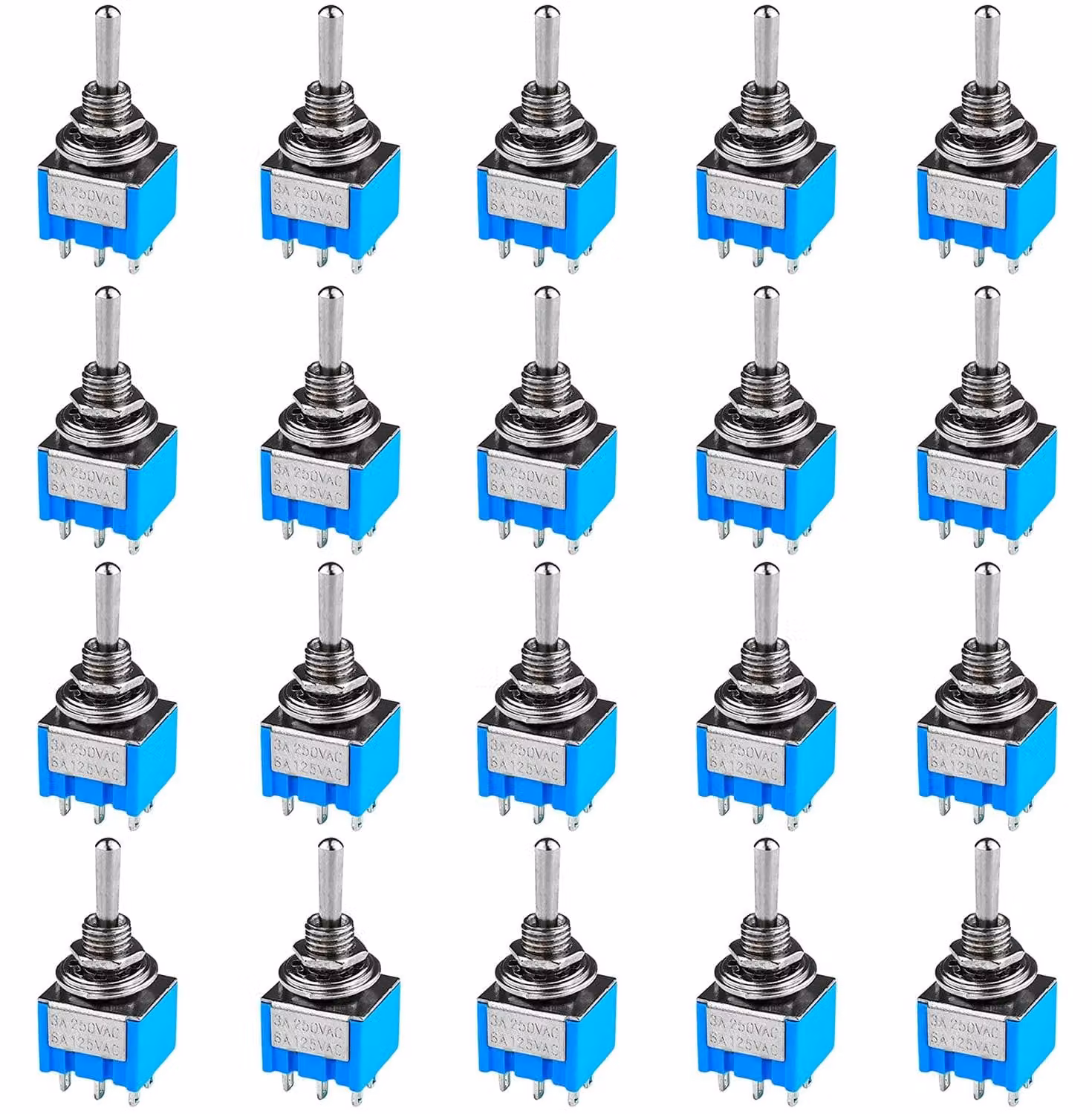 Mini interruttore a levetta, 6 A/125 V, 3 A/250 V, blu, confezione da 20 pezzi