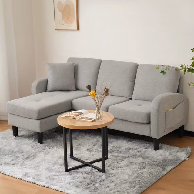 Divano angolare a 3 posti MIVRAY con chaise longue reversibile in tessuto grigio per il tuo soggiorno