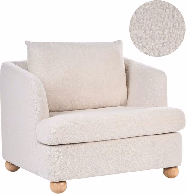 Poltrona bianco sporco rivestita in ciniglia con gambe rotonde in legno e braccioli per soggiorno, angolo lettura, stile moderno minimalista