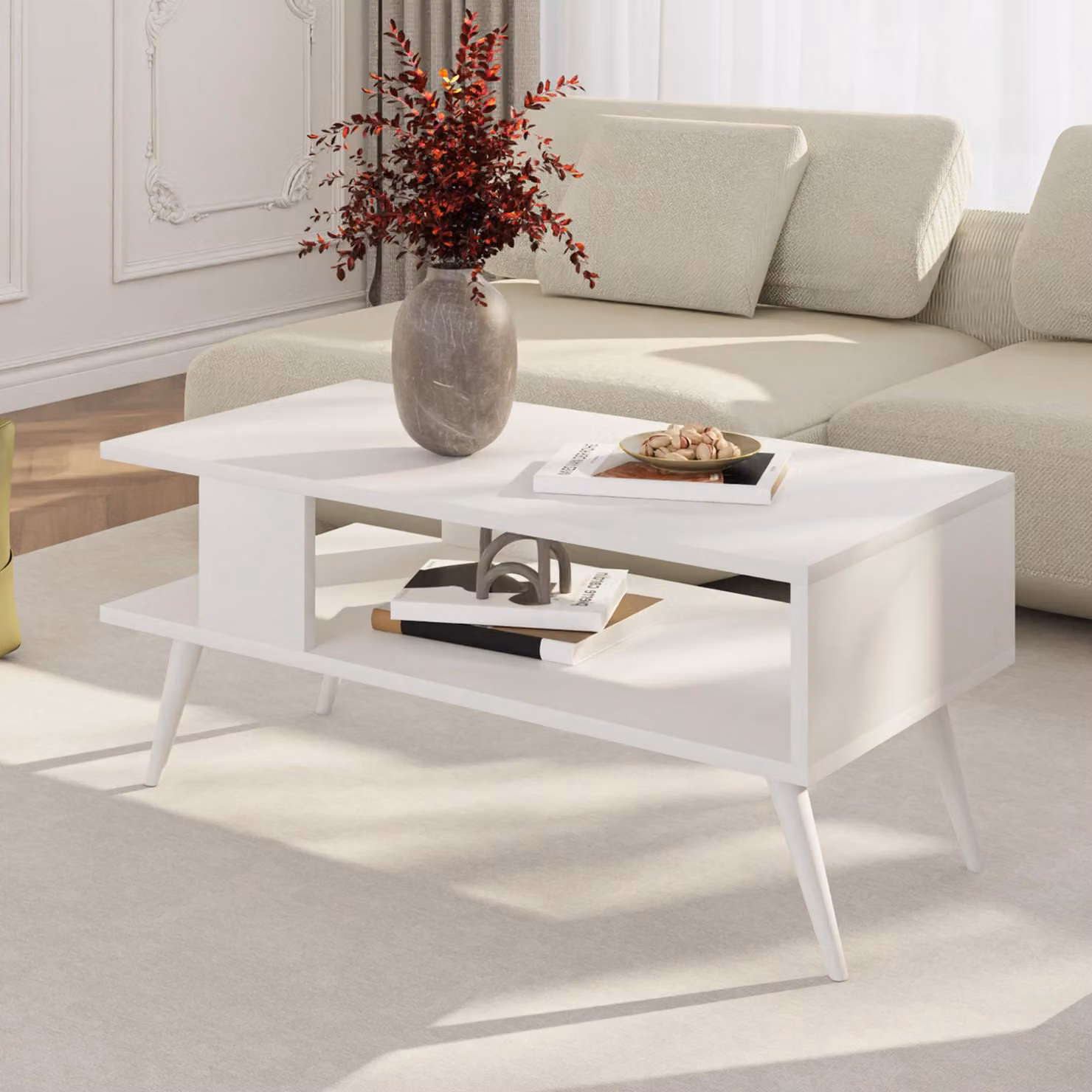 Tavolino Lycksele Tavolino da salotto con contenitore rettangolare bianco con ripiano inferiore Tavolino da divano