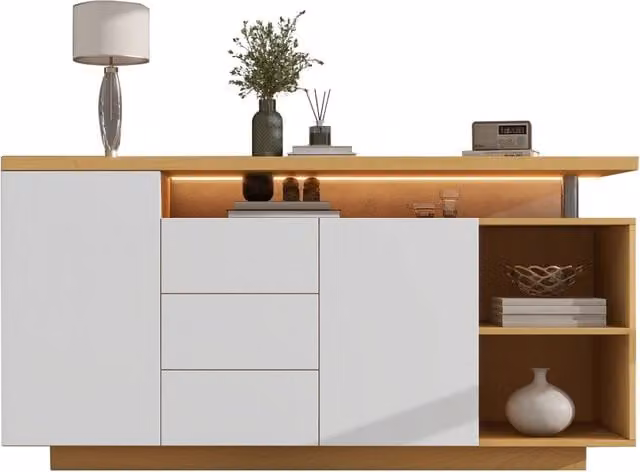 Credenza e Sideboard Moderno Bianco con Illuminazione LED, 2 Ante, 3 Cassetti e 2 Vani Aperti, L: 140 cm, P: 40 cm, H: 70 cm