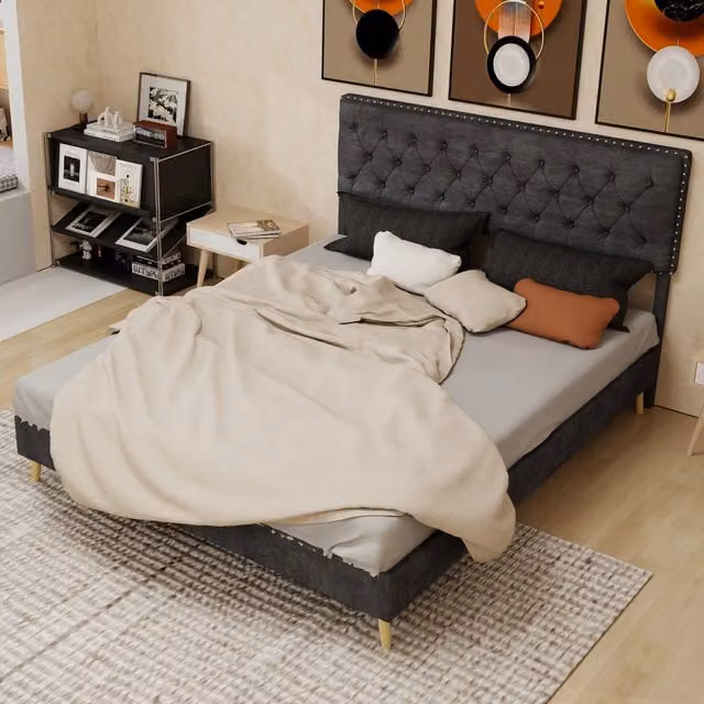 Letto matrimoniale 160 × 200 cm con testiera alta imbottita e spazio sottoletto, senza materasso, grigio