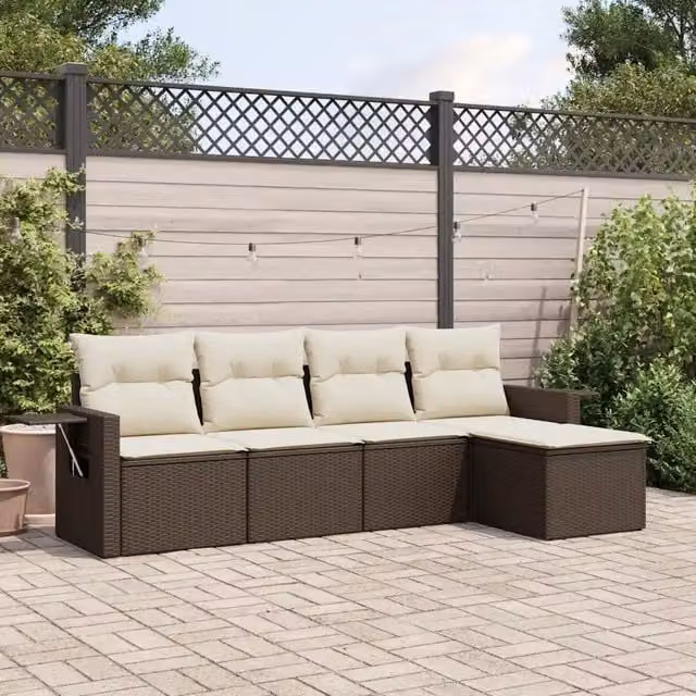 Set Divano da Giardino 5 pz con Cuscini-Sofa da Giardino-Divanetto da esterno Marrone in Polyrattan 268910