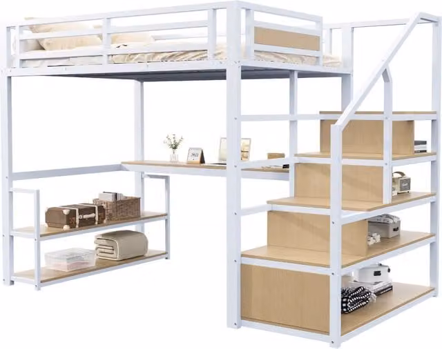 Letto a soppalco 140x200 cm con scrivania; ripiani e scala contenitore in metallo e MDF; bianco