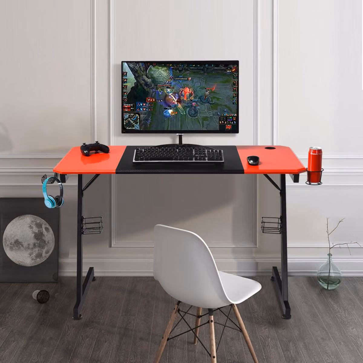 Scrivania da gaming - Tavolo per computer - Banco da lavoro - Scrivania - Nero con dettagli rossi - Ampio piano in MDF