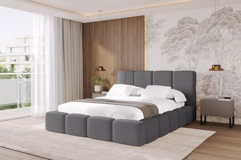 Letto imbottito ALTDECOR con contenitore - NATA 120x200 grigio, letto con testiera, letto contenitore con materasso H3/H4, letto matrimoniale con contenitore