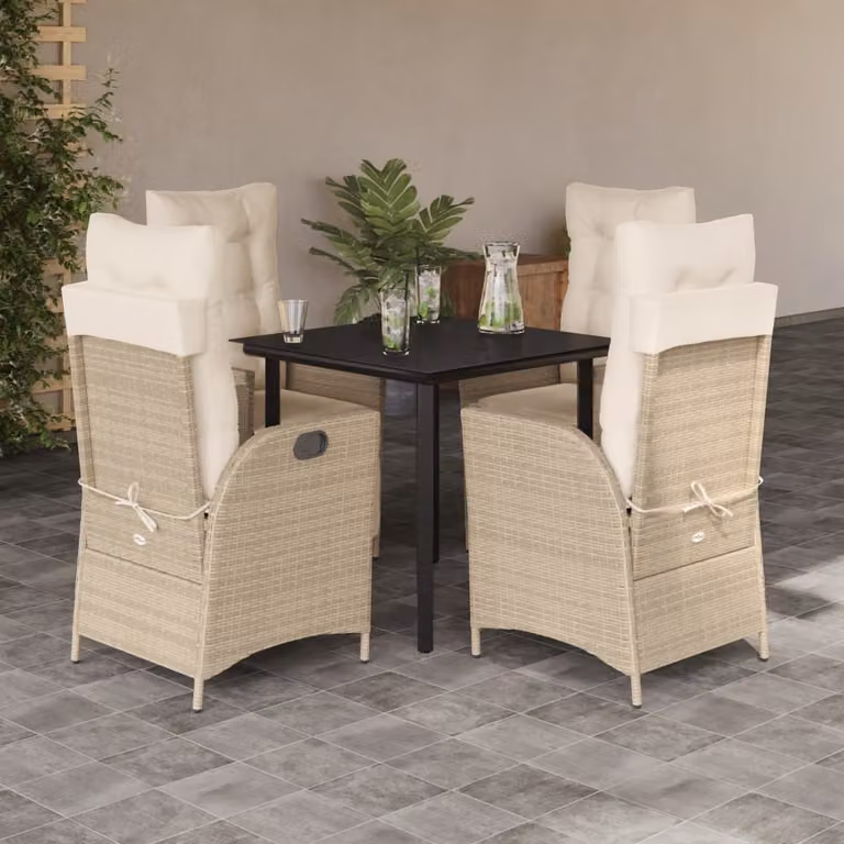 Set da Pranzo da Giardino 5 pz vidaXL in Polyrattan con Cuscini Beige e Tavolo in Vetro