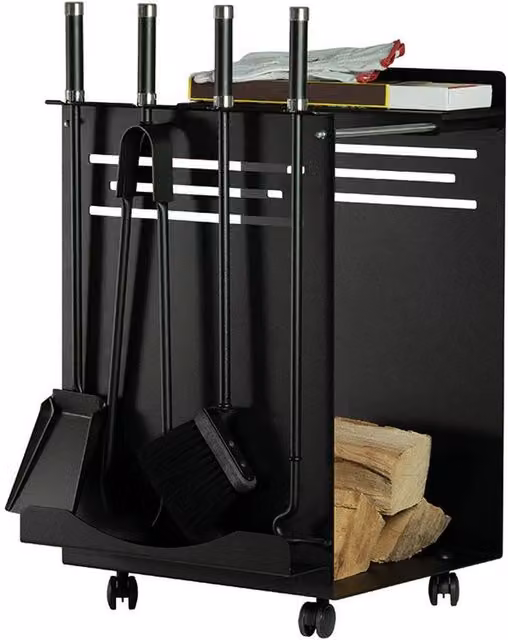 Portalegna con ruote acciaio nero 45x38 h.70 cm. con 4 accessori. Made in Italy