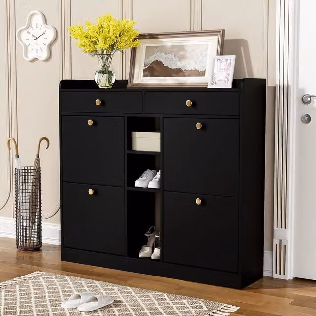 Scarpiera con 4 Ante a Ribalta, 2 Cassetti e 3 Ripiani ¨C MINIMAL ¨C Nero, 110x26x100 cm
