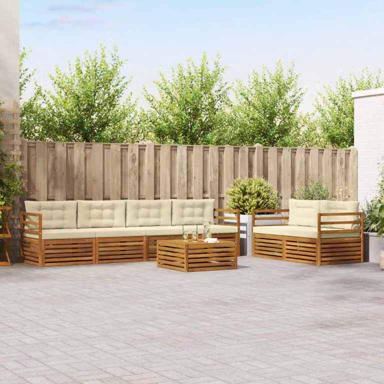 Set di divani da esterno vidaXL 7 pezzi in legno di acacia con cuscini, colore beige, bianco e marrone