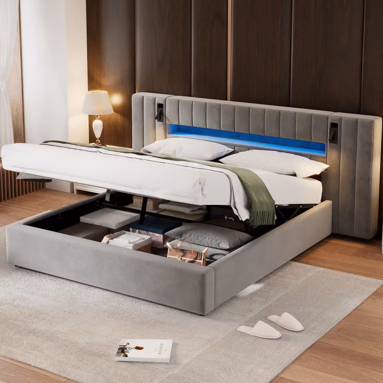 STILVORA, letto imbottito 180x200, letto per ragazzi con porta USB, letto matrimoniale con illuminazione LED, struttura letto con spazio contenitore, senza materasso, colore grigio