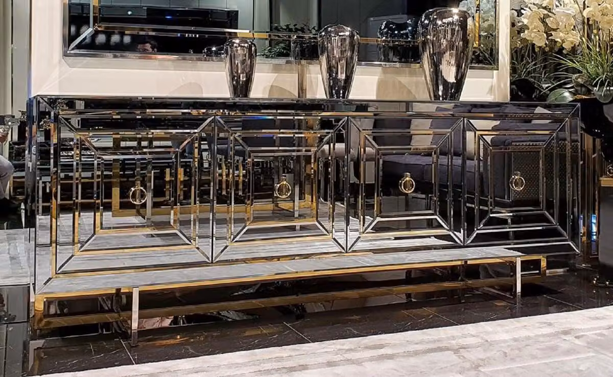 Casa Padrino credenza argento / oro 220 x 50 x h. 85 cm - Credenza a specchio con 4 ante - Mobili
