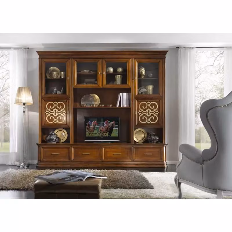 Parete attrezzata classica in legno noce e dettagli oro Mobili 2G L/P/H: 281 x 55 x 245 cm – 3