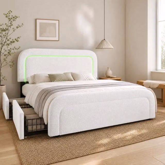 Letto matrimoniale imbottito bianco Sherpa 160x200 cm con 4 cassetti, illuminazione LED e ricarica USB Type-C, testiera regolabile in altezza