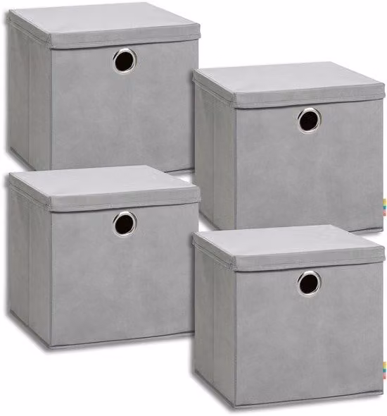 Set di 4 scatole contenitore Ibbenzoa® da 34x34x33 cm con coperchio e maniglie rotonde extra grandi, pieghevoli, realizzate in cartone resistente e tessuto non tessuto, ideali per scaffali e armadi