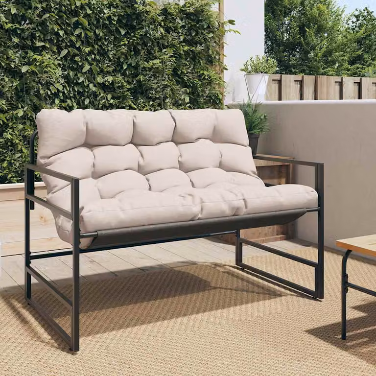 Panchina da giardino moderna vidaXL con cuscini in tessuto e braccioli in metallo, L: 113 cm
