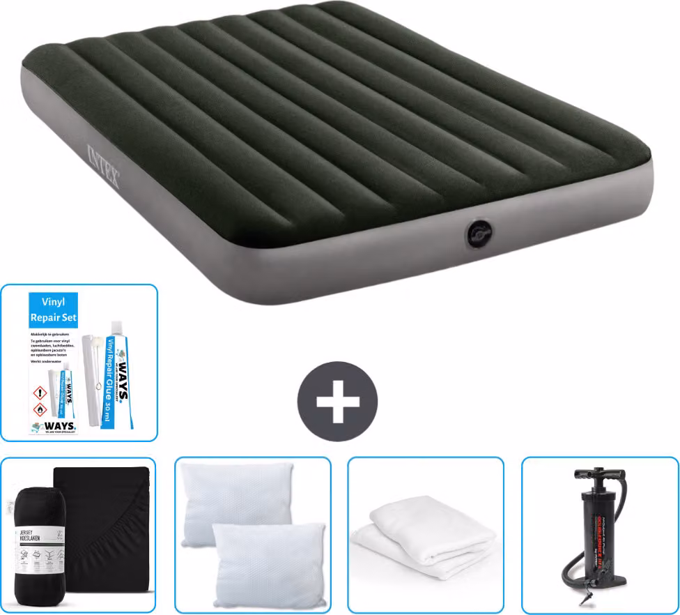 Letto gonfiabile Intex - 2 persone - 152 x 203 x 25 cm - verde - lenzuolo incluso - bacio - pompa - set di riparazione e protezione per cuscini
