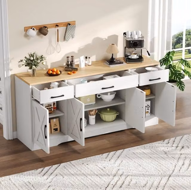 Madia bianca in MDF con 3 cassetti e 4 ante, 160 x 37 x 75 cm