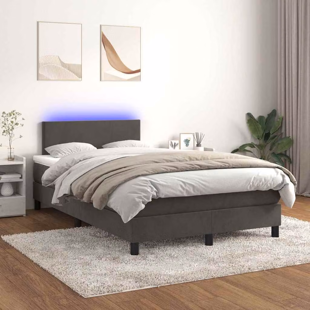Letto Ibrido vidaXL con Materasso, Illuminazione LED Sotto il Letto e Porte USB, Rivestimento in Velluto Grigio, L 120 x P 200 cm – 1
