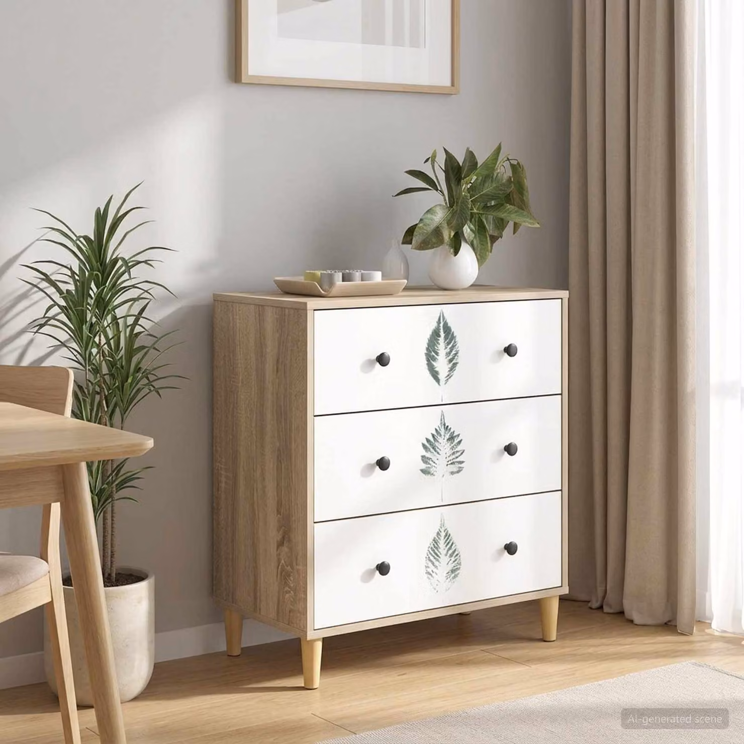 Cassettiera vidaXL HANAU con stampa floreale verde e finitura Sonoma L: 66 cm, P: 36,5 cm, H: 75 cm