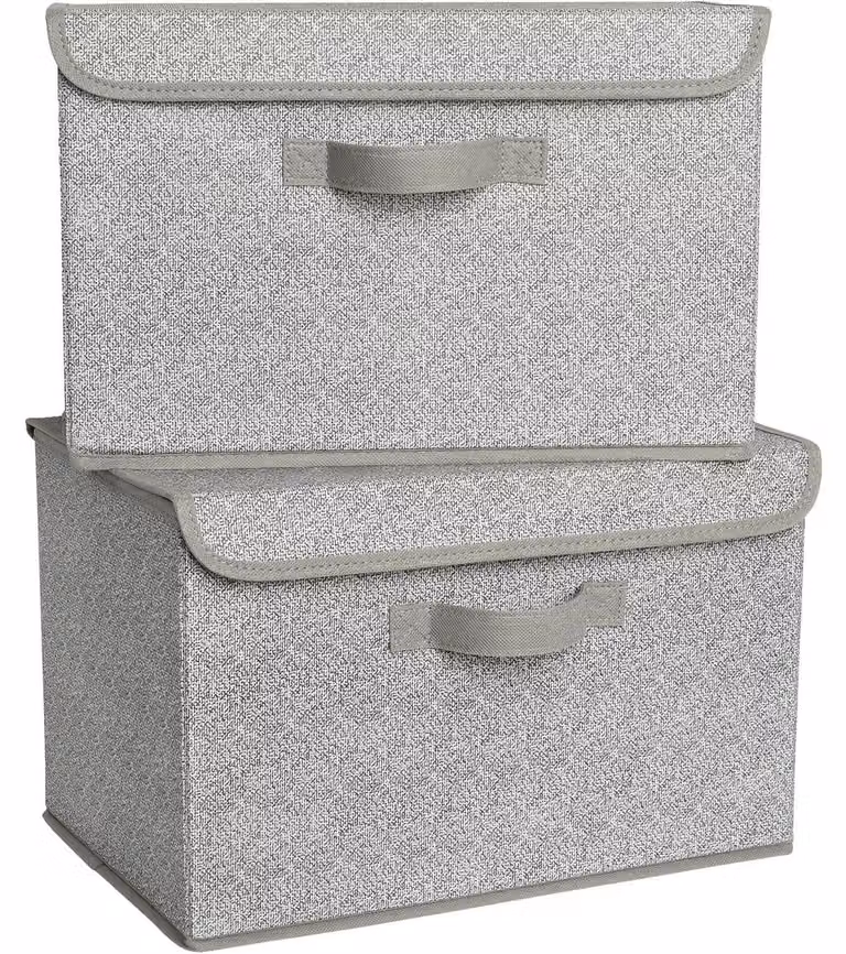 Scatole contenitore con coperchio, 2 pezzi, pieghevoli, in tessuto, colore grigio, dimensioni 40x26x25,5 cm