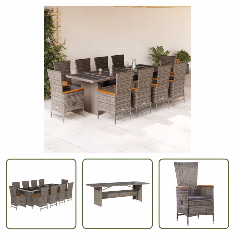 The Living Store Set da pranzo da giardino 11 pezzi con cuscini in poly rattan grigio
