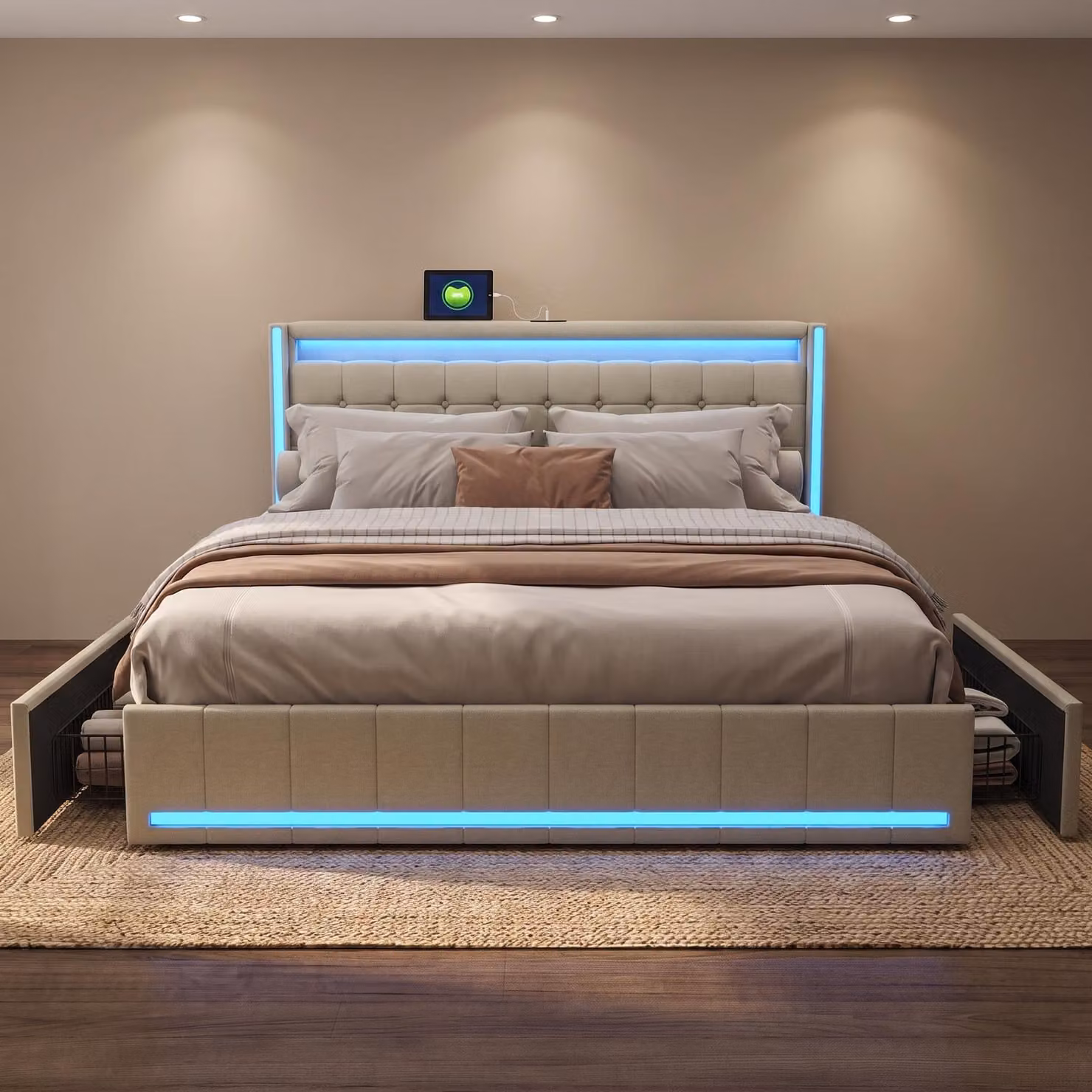 Letto contenitore 140x190 cm, letto con spazio contenitore, 4 cassetti, letto imbottito con LED e USB, struttura del letto matrimoniale con rete a doghe, letto per ragazzi, colore: lino, beige