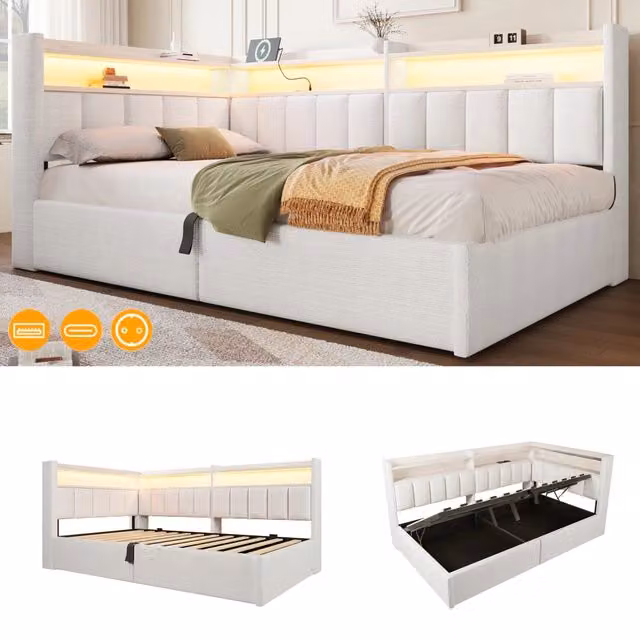 Letto singolo 90x200 cm con contenitore idraulico; imbottito in velluto; luce LED RGB e prese USB; crema