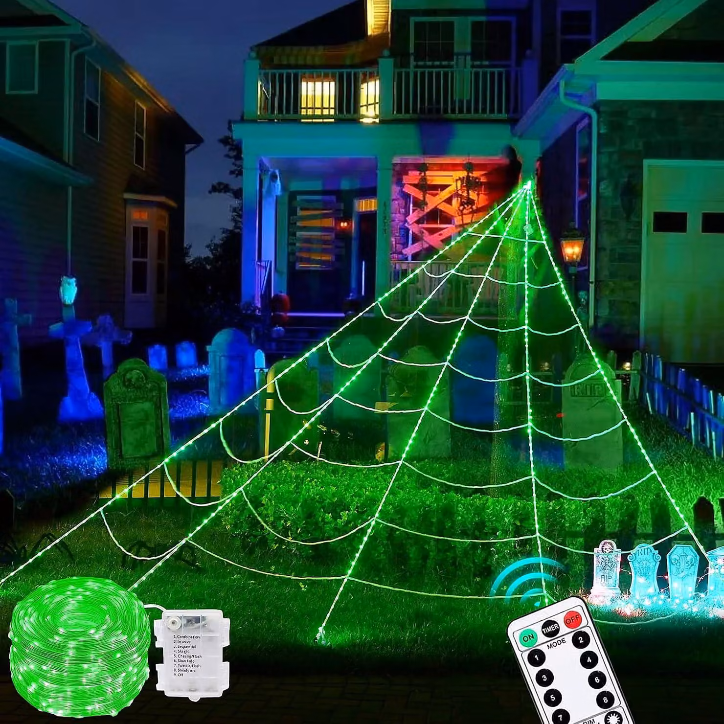 Rete luminosa a forma di ragnatela, con 390 LED, dimensioni 5x4,8 metri, telecomando e timer