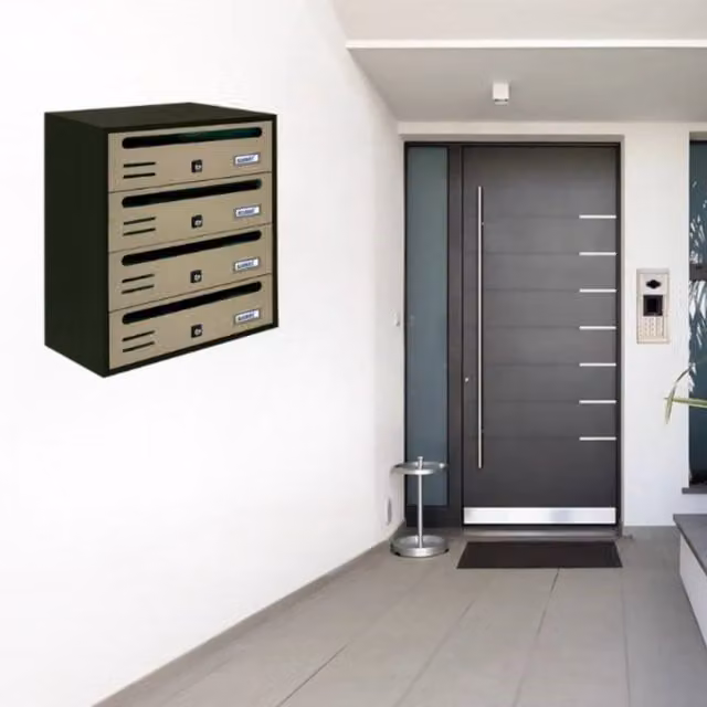 Cassette Postali Condominiali ALUBOX CUBO a 4 Posti in Lamiera Zincata, Colore Antracite e Sportelli Sabbia, L/P/H: 43,5 x 38,5 x 25 cm