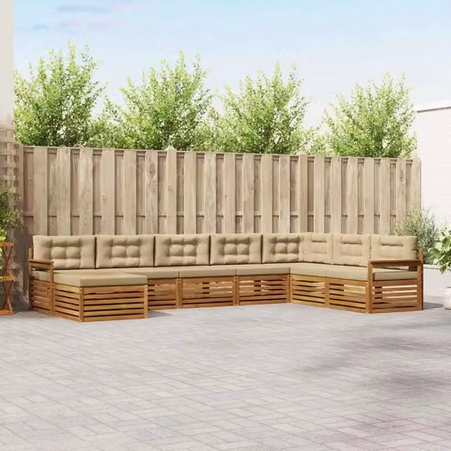 Set di divani da esterno vidaXL a forma di L composto da 8 pezzi in legno di acacia con cuscini in tessuto beige e sabbia – 1