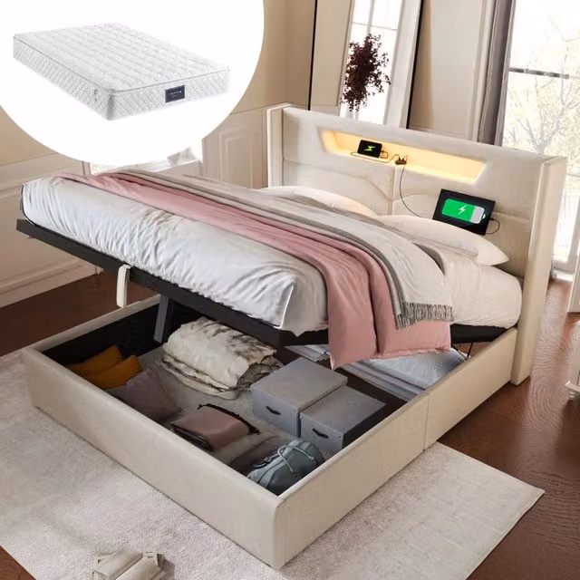 Letto matrimoniale MODFU imbottito in tessuto beige con contenitore a sollevamento, illuminazione LED sottostante, luci di lettura integrate e porte USB e Type C, L/P: 160 x 200 cm
